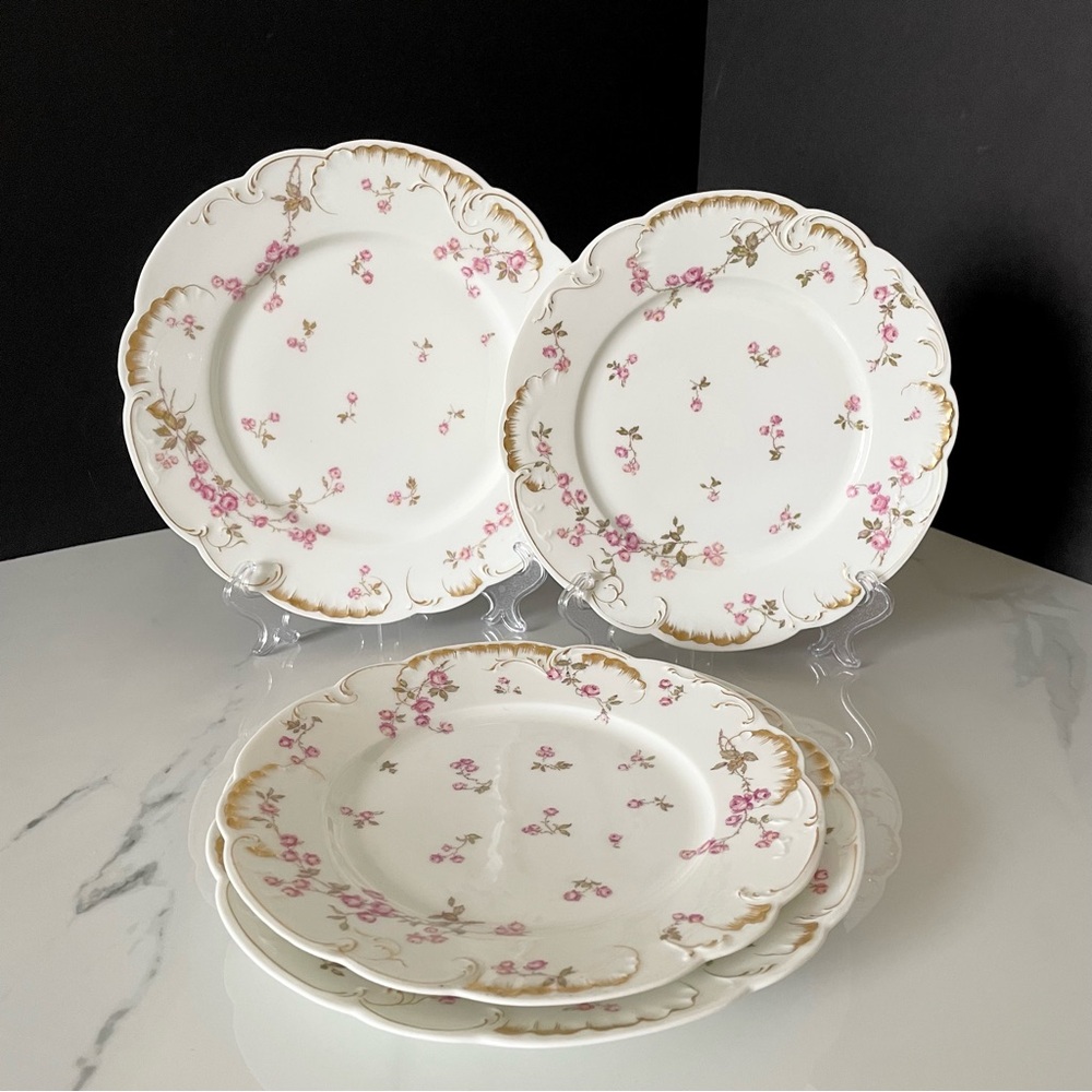 SET of 4 Plates - Luncheon & Salad - Pink Roses - Haviland Limoges